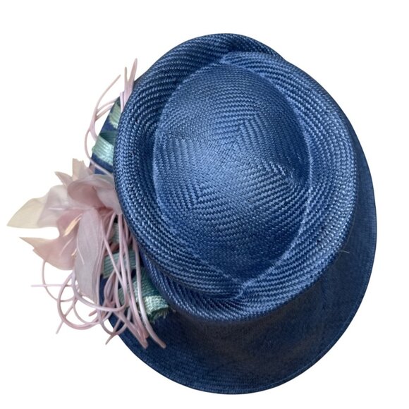 Vtg Nordstrom Blue Straw Hat W/ Pink Floral Accent & Green Ribbon Embellishment - Picture 10 of 11